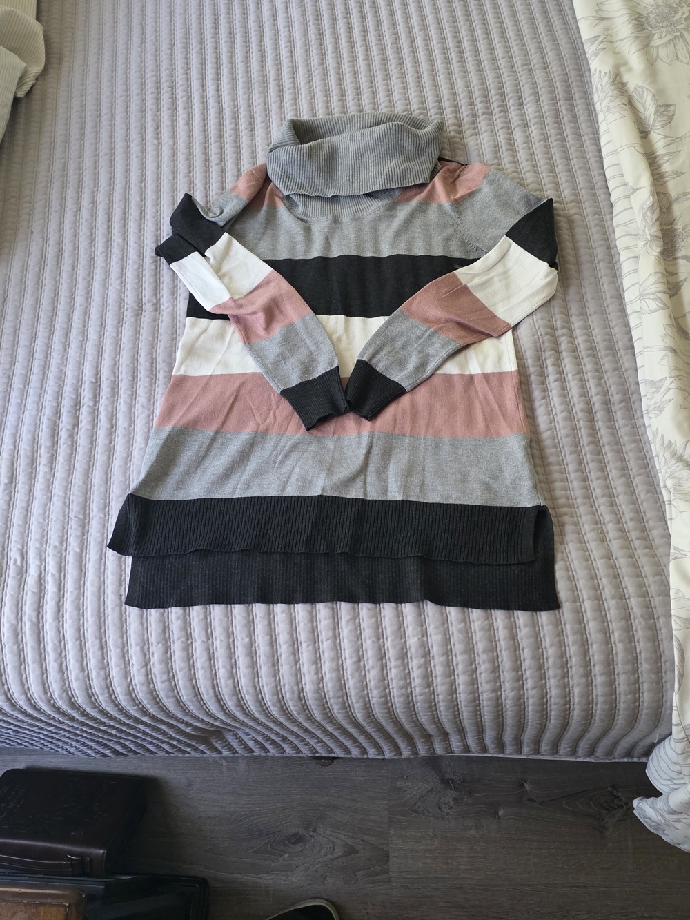 Cable & Gauge Striped Cowl Neck Sweater - Pink, Gray & Black